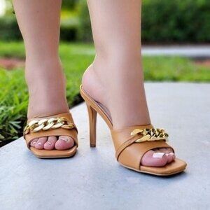 Women's Tan Open Square Toe High‎ Mule Sandals